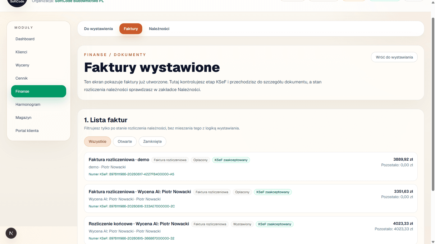 Costor - Finanse, KSeF i statusy dokumentów